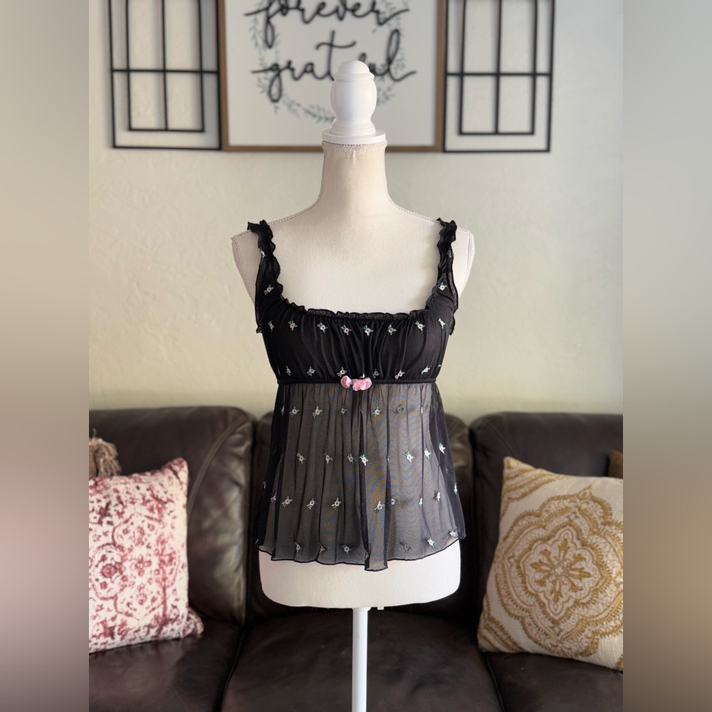 Y2k Victoria's Secret‎ Mesh Floral Embroidered Corset Milk Maid Tank Top Size L - Picture 5 of 15